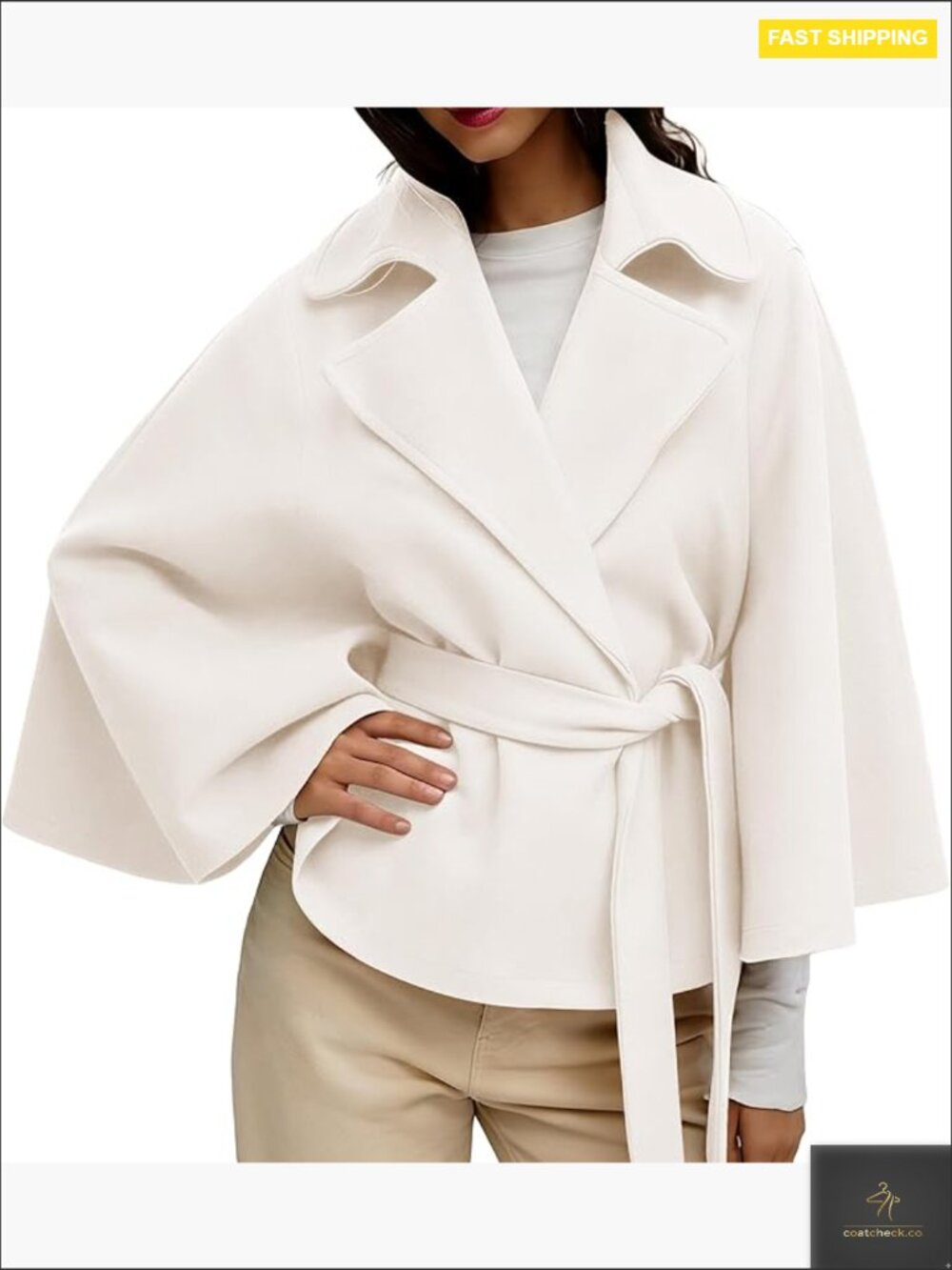 Wool Blend Cape Jacket Oversized Batwing Sleeve Peacoat Belted Chic Winter